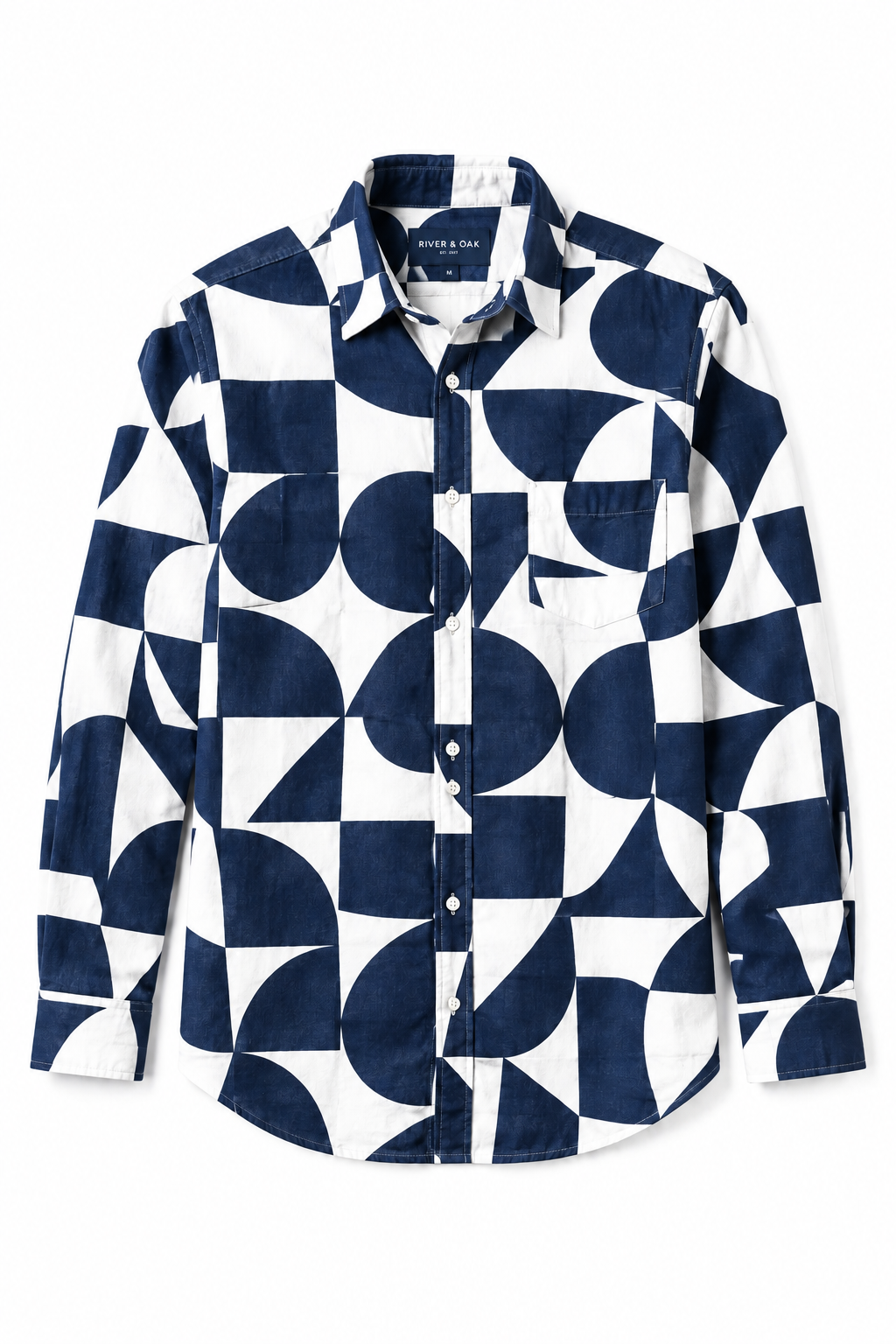 Geometric Print Cotton Shirt – Navy & White