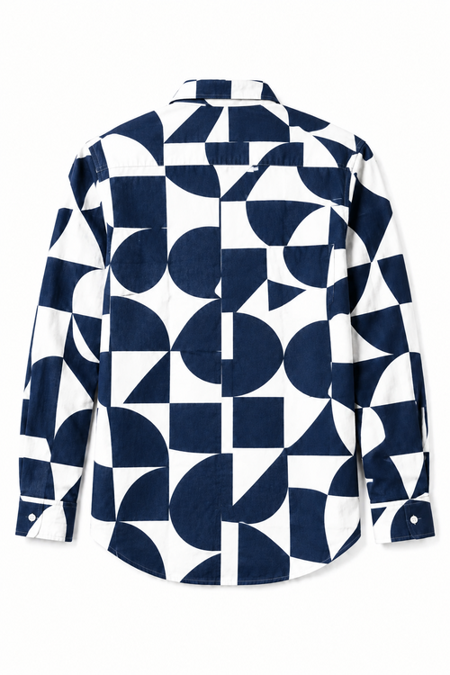 Geometric Print Cotton Shirt – Navy & White